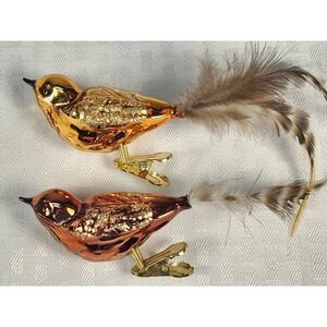 2 Vintage Gold Meadowlark German Mercury Glass Birds W/ Feathers Ornaments Decor